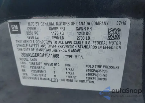 2017 Chevrolet Equinox Lt from USA, damaged, VIN 2GNALCEK0H1511688
